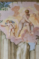 金星とキューピッド、オリンパスの部屋の詳細、1557年頃（フレスコ画）