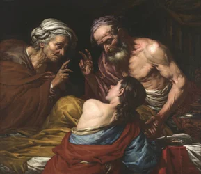 Isaac benit Jacob - ジェイコブを祝福するイサク、ランゲッティ作、ジョヴァン・バッティスタ (1635-1676)。 キャンバスに油彩、1660 年から 1670 年の間。寸法 : 109x126 cm。 Muzeul National Brukenthal, シビウ