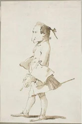 男性の似顔絵、全身、左向き