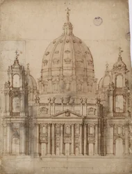 バチカン市国のサン・ピエトロ大聖堂のファサードの代替案 ベルニーニ、ジャンロレンツォ（1598-1680）。ペン、筆、水彩、墨、紙