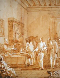 聖マタイの召喚」（黒チョークの上にペンとインクのウォッシュを重ねたもの）