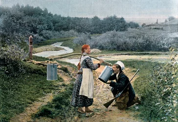 ハンターが若い女性、ロシア、c1890から飲み物を飲む