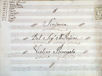 Gioacchino Rossiniの交響曲のバイオリン譜の1ページ目の詳細。