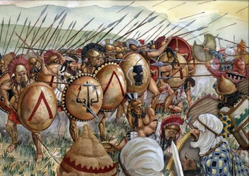 テルモピュリスの戦い：紀元前480年、レオニダス1世が指揮するスパルタ軍がギリシャ軍とペルシア軍を相手に戦った戦い。