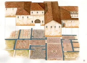 ビザンチン美術：ビザンチン宮殿のモザイクで構成された6世紀のラヴェンナ（Ravenna）の石絨毯のドムス遺跡（dei tappeti di pietra）の眺め。