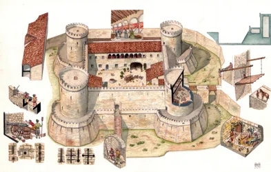 イタリア、バジリカータ州ポテンツァ近郊にある、1470年にピッロ・デル・バルツォによって建てられたアラゴン人のヴェノーザ城の詳細上空写真。 カップからは、牢獄として機能した塔の中の独房にいる囚人を見ることができる。詳細図では、防御態勢にある兵士たちを見ることができる。