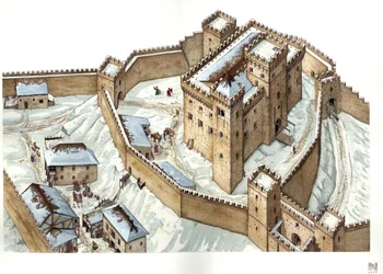 中世建築：14世紀のウディネ市の城の復元。イタリア イラスト：ジョルジョ・アルベルティーニ(この著作者の著作物の使用は、第三者からの許諾申請や、著作権料の支払いを条件とするものではありません。