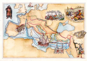 中世：ヨーロッパと中東の地図で、さまざまな十字軍の時代に十字軍が使用した陸路と海路を示す。