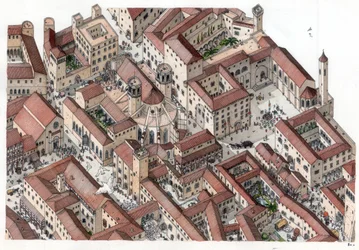 中世：14世紀にバルセロナの歴史的なBarri Gotic（barrio gotico）地区が再建された。サント・エウラリエ聖堂が見える。スペイン イラスト：ジョルジョ・アルベルティーニ。(この作者の著作物の使用は、著作権法で禁じられている。