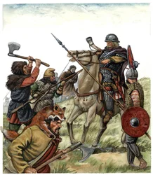 中世：ロンセスバリェスの戦い（スペイン領バスク地方）の場面。778年、カール大帝軍のフランク人騎兵がムーア人に立ち向かう。8世紀。ジョルジョ・アルベルティーニによる挿絵。