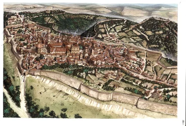 中世：城壁に囲まれた14世紀の中世都市ヴォルテッラの眺め。トスカーナ。イタリア Giorgio Albertiniによるイラスト。(この著作物の使用は、第三者からの許諾申請、または
