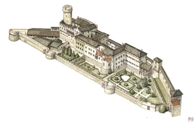 トレントのエヴェケ王子の居城であったブオンコンシリオ城の再建。イタリア Giorgio Albertiniによるイラスト。(この著作者の著作物の使用は、第三者からの許諾の申請や、使用料の支払いを条件とするものではない