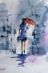 赤い傘を差した女性