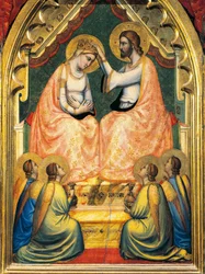 イタリア、フィレンツェ、聖十字架大聖堂、バンディーニ・バロンチェッリ礼拝堂、ジョット（1267-1337）による聖母の戴冠、フレスコ画、詳細