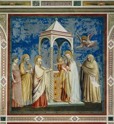 ジョット（1267-1337）による「神殿におけるイエスの提示」、フレスコ画「キリストの生涯と受難」シリーズの細部