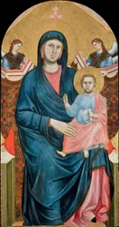 二人の天使に囲まれた聖母子像」ジョット・ディ・ボンドーネ（1266-1377）。パネルにテンペラ、1288年頃、フィレンツェのサント・ステファノ教区美術館