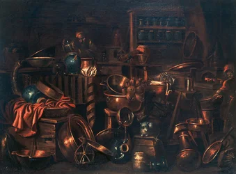 錬金術師の実験室」ジャン・ドメニコ・ヴァレンティーノ（1630-1708）の絵画、イタリア