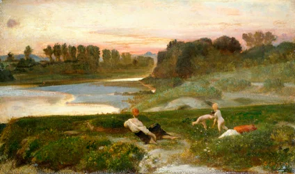 夕方の農場で、ニノ・コスタ（1826-1903）として知られるジョバンニ。