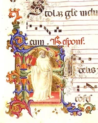 Ms 561 f.1r 聖エリギウスを描いた歴史的なイニシャル「R」、14世紀初頭、サン・ヤコポ・ディ・リーポリ修道院のグラデーションによる。
