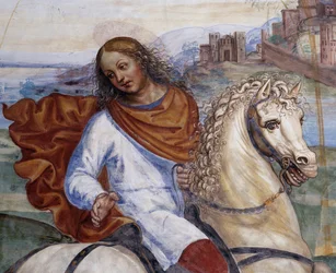 ベネディクトは父の家を出て、ローマに留学した 詳細 - アントニオ・バッツィ・ディット・イル・ソドマ（1477-1549）が実現した回廊のフレスコ画で、ヌルシアの聖ベネディクト（480 - 567）の生涯を描いた 1503 - 1508年のベネディクト会の創設者