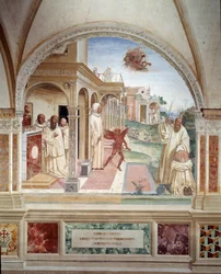 Benoit liberates a monk possede by a demon (st Benedict released a man possessed by the devil) アントニオ・バッツィ・ディット・イル・ソドマ(1477 - 1549)による聖ベネディクトの生涯を描いた回廊のフレスコ画 (480 - 567) ベネディクト修道会の創設者