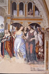 フロレンツォは修道院に娼婦を送った（Florenzo sends courtesans to the monastery of st Benedict） 聖ベネディクト（480 - 567）の生涯を描いたアントニオ・バッツィ・ディット・イル・ソドマ（1477 - 1549）が実現したクロイトレの詳細なフレスコ画