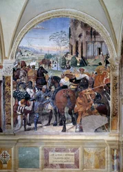 ベネディクトがモンテ・カッシーノの破壊をどのように予言したか（St Benedict predicts the destruction of Monte Cassino） 詳細 - アントニオ・バッツィ・ディット・イル・ソドマ（1477 - 1549）が作った回廊のフレスコ画で、ヌルシーの聖ベネディクト（480 - 567）の生涯を描いている。
