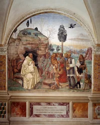 How Benedict teaches the holy doctrine to the peasants who visits him (聖ベネディクトは彼を訪れた農民に聖なる教義を教える) Antonio Bazzi dit il Sodoma (1477 - 1549) が作った回廊のフレスコ画で、ナースの聖ベネディクトの生涯を語る。