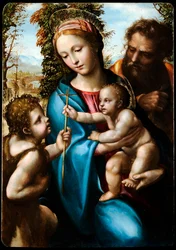 "La sainte famille avec saint Jean Baptiste enfant" (洗礼者ヨハネを少年とした聖家族) Peinture de Giovanni Antonio Bazzi dit Il Sodoma (1477-1549) 1525-1528 - 油彩・木地 Dim 70x47 cm Museo Civico Pinacoteca Crociani