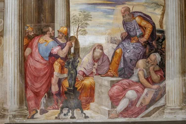 スキピオの恩赦の詳細、暖炉の部屋、1560-65年頃（フレスコ画）