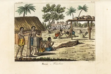 Ihmisuhri pyhällä maraeella (Morai) tai hautausmaalla Tahitilla. Rummut vasemmalla, sikasidottu uhri ja kaksi haudankaivaajaa kaivamassa hautaa ennen kasaa ihmisten pääkalloja ja nuolien värisiä. Käsinvärinen kuparilevy, jonka Sasso kaivertanut John Webber