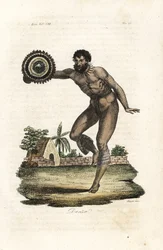 Homem tatuado nu do Havaí (Ilhas Sandwich) dançando para o Capitão James Cook