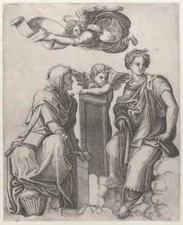 雲の中に座っている 2 人の女性像が天使とその上空を飛んでいる..., ca. 1510-25。