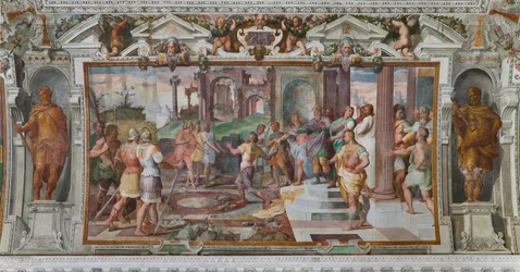 ユリシーズの物語：パイアキア人の宮廷で投石するゲームの詳細、1560年頃（フレスコ画）（3606285の詳細）