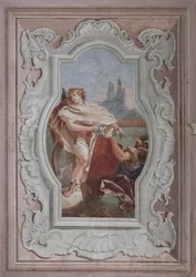 Palazzina (小さな建物): 4 番目の部屋または Torquato Tasso の眺め、「Jerusalem Delivered」のエピソードを表すフリースコ画: 「仲間たちは Rinaldo の前で鏡を持っている」