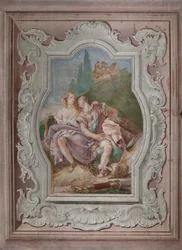 Palazzina (小さな建物): 4 番目の部屋または Torquato Tasso の眺め、「Jerusalem Delivered」のエピソードを表すフリースコ画: 「Rinaldo and Armida in the enchanted garden, in the enchanted garden, in the enchanted garden, in the enchanted garden, in the enchanted garden, in the enchanted garden,