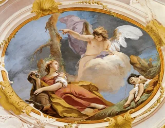 荒野でハガルを慰める天使 ジョヴァンニ・バッティスタ・ティエポロ（1696-1770）作 フレスコ画 ウディネの総主教宮殿、ゲストホールにて
