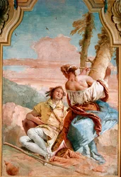 Angelique et Medor - Ludovic Arioste（アリオスト）による『激情のロラン』（Orlando Furioso）の挿絵では、アンジェリカ（Angelica）が入籍したばかりのメドーロ（Medor）の名前を木の幹に刻んでいる様子が描かれている - Giambattista Tiepo（ジャンバッティスタ・ティエポ）によるフレスコ画