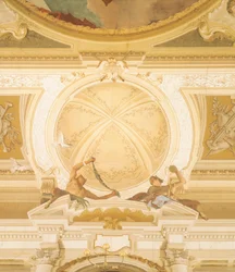 ジャンバッティスタ・ティエポロ（1696-1770）によるヴェネツィア、ストラ、ヴィラ・ピサーニの舞踏室の天井のフレスコ画の詳細