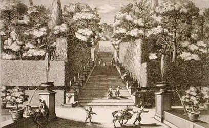 ジョヴァンニ・フランチェスコ・ヴェントゥリーニ（1650-1710）が1675-90年頃に出版した「Le Fontane」より、ティヴォリのヴィラ・デステの大階段。