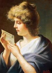 手紙を持つ少女、ジョヴァンニ・バッティスタ・キオケッティ（1843-1917）の絵画