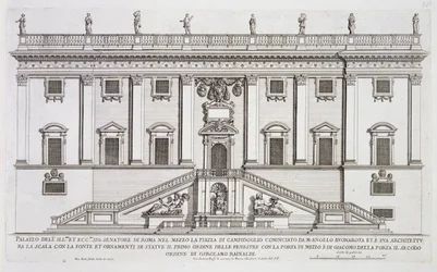 ローマ、カンピドリオ広場のパラッツォ・セナトリオ正面景、ミケランジェロ・ブオナローティ（1475-1564年）が着工し、ジローラモ・ライナルディ（1570-1655年）が完成