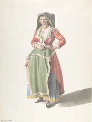 伝統的なナポリのドレスを着た若い女性、カリフォルニア州。 1775-1821。