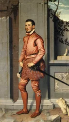 ジャン・ジェロラモ・グルメリの肖像、ピンクの騎士、ジョヴァンニ・バッティスタ・モローニ作（1525～1578年頃）、キャンバスに油彩、216x123 cm