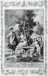 幸福な島のカルロとウバルド」ジョヴァンニ・バッティスタ・ピアゼッタ（1683-1754）によるトルカート・タッソ（1544-1595）の『届けられたエルサレム』のカント15のためのエングレーヴィング、ジョヴァンニ・バッティスタ・アルブリッツィ版、ヴェネツィア、イタリア