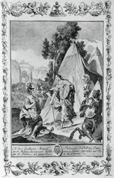 エルサレムを包囲する十字軍」ジョヴァンニ・バッティスタ・ピアゼッタ（1683-1754）による彫刻、トルカート・タッソ（1544-1595）の『エルサレムを届ける』のカントIIIのためのもので、イタリア・ヴェネツィアのジョヴァンニ・バッティスタ・アルブリッツィ社から出版されています。