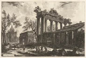 Altra Veduta degli avanzi del Pronao del Tempio del Concordia (コンコルド神殿 [左背景にセプティミウス セウェルスの凱旋門がある土星神殿] のプロナオス遺跡の別の眺め)、Vedute di Roma (ローマの眺め) より