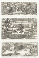 鳥瞰図：バルボ劇場とマルチェロ劇場、パンテオンとその周辺地域、スタティリオタウロ円形劇場