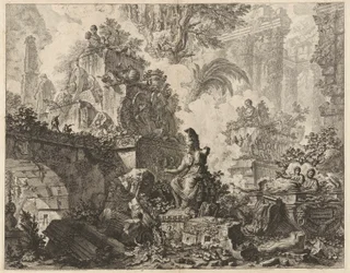 口絵、中央前景にミネルヴァの像がある廃墟の幻想、Vedute di Roma (Views of Rome) より