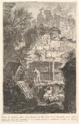 古代の水道の遺跡の前にある古代の墓の遺跡Ruine di Sepolcro a ...、ca. 1750。